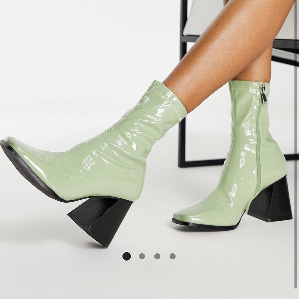 Patent Block Heel Boot in Sage Green
